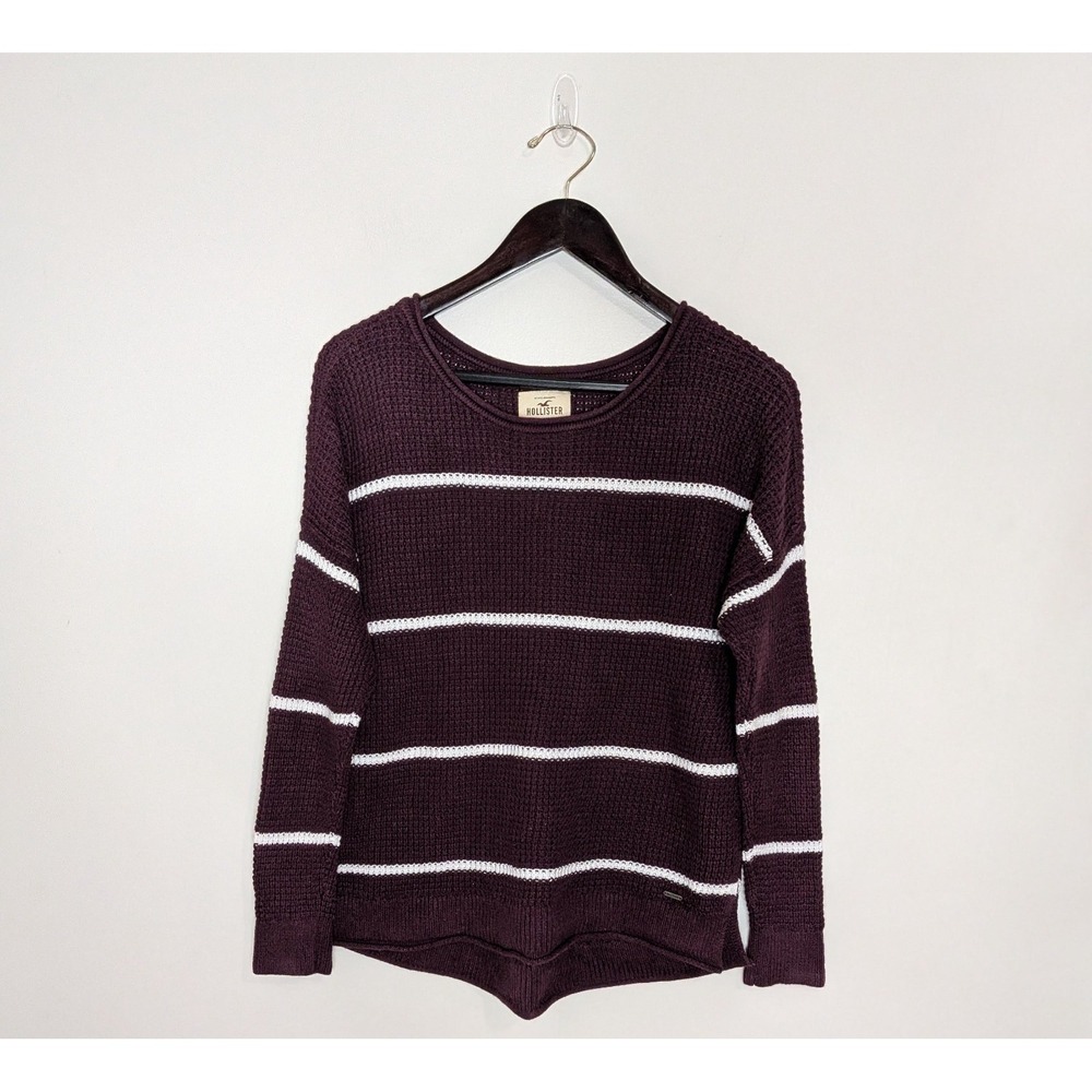Hollister Roll Neck Crew Neck Knit Rugby Stripe Sweater Burgundy Medium Preppy